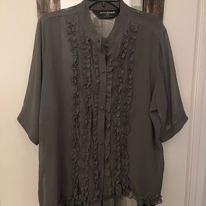 Gray button up blouse.